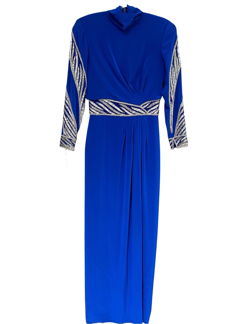 Bob Mackie Sapphire Blue Long-Sleeve Maxi Dress Beaded Sequin Formal Gown, Sz 8